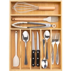 Bellsal Natural Utensil Organizer 12.5 Inch Silverware Organizer for Drawer Utensil Holder Cutlery Organizer Kitchen Drawer Organizer 7 Compartment Small Narrow Bamboo