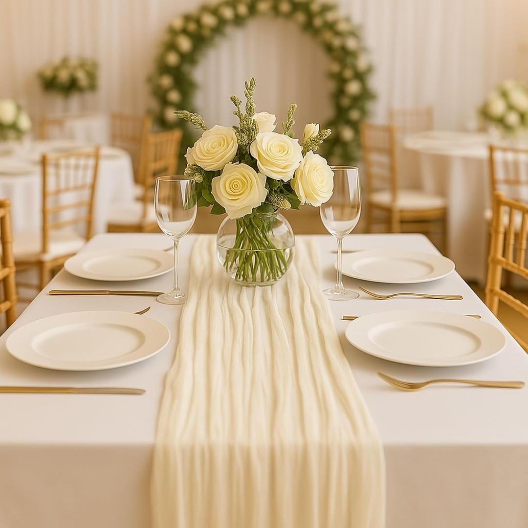 6 Pack Beige 10FT Cheesecloth Table Runner 120 Inch Soft Gauze Boho Table Runners for Baby Shower, Coastal Wedding, Modern Rustic Party Decor