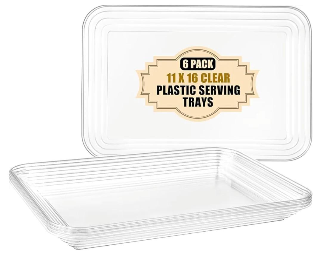 SUT 6-Pack Clear Serving Trays for Entertaining-16 x 11" Serving Platters for Snacks, Fruit, Cookies, Dessert, Reusable Plastic Trays for Serving Food and Party Organization in Kitchen & for Parties