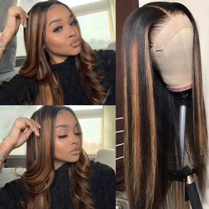 Silky Straight Ombre Honey Blonde Lace Front Wig 22" Highlights Human Hair for Women Pre Plucked Ombre 13x4 Lace Front HD Transparent Wig Black Mixed Brown Hair with Roots Can be Curled 150% Density