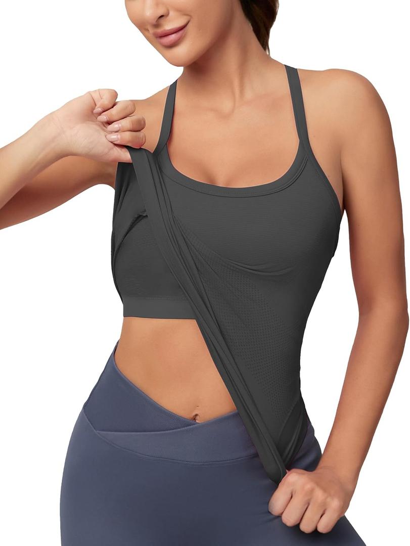 MathCat Workout Tank Tops for Women with Built in Bra, Sleeveless Gym Tops Seamless Racerback Athletic Yoga Shirts (Small, Carbongrey)