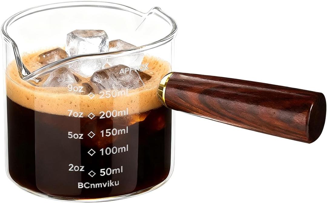 250ml 8.5OZ 1CUPS Espresso Glass,Espresso Shot Glasses with Wood Handle,Double Spouts Coffee Shot Glasses for Machine Accessories
