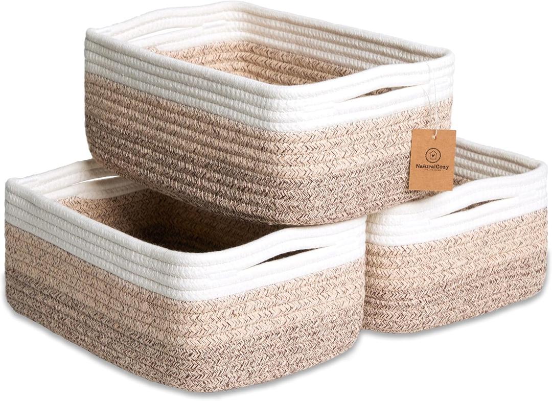 NaturalCozy 11.8"x8"x4.5 Storage Baskets for Shelves 3 Pack | Cotton Rope Woven Small Baskets for Organizing | Small Storage Bins for Nursery, Bathroom, Closet, Cube Shelf, Decorative, Gift Basket (Tone Brown)