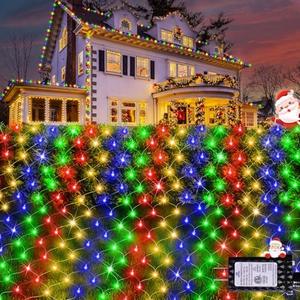 Hezbjiti Christmas Net Lights, 280 LED Mesh Lights 9.8FT x 6.6FT 8 Modes Waterproof Outdoor Christmas Decoration Lights Clear Wire for Xmas Bushes, Trees, Lawn, Yard, Garden Party (Multicolor)