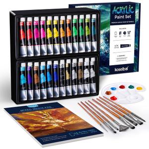 koseibal Acrylic Paint Set - Art Painting Supplies Kit for Kids & Adults with 24x22ml Acrylic Paints, 8 Brushes, 1 Painting Pad & Palette - Idea Gift Painting Kit for Student (24color+34pcs)