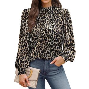 WIHOLL Long Sleeve Shirts for Women Mock Neck Tops Pleated Front Blouses Dressy Casual Spring Fall Clothes 2026 Fashion (Large)