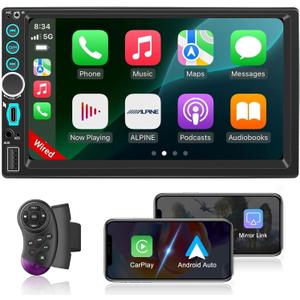 7" Wired Double Din Car Stereo Radio with Apple Carplay & Android Auto, Double Din Radio Support Bluetooth, SWC, FM, Mirror Link, Type-C, HD Touchscreen, Aux Input Car Audio Receivers