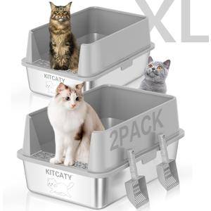 2 Pack Stainless Steel Litter Box, Metal Litter Boxs with Lid High Sides, XL Extra Large Litter Box for Big Cats, Never Absorbs Odors, Leak-Proof, Stain-Free, Rust-Free, Easy to Clean, Scoop Included