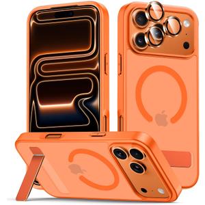 LEKEVO for iPhone 17 Pro Case with Stand, Compatible with MagSafe, Camera Lens Protector, Translucent Matte Slim Silicone Shockproof Magnetic Phone Cover, Orange