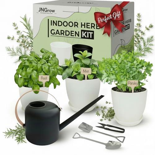 JNGROW Indoor Garden Kit - Plant Pots with Drainage, Watering Can & Tools - Ideal Windowsill Planter Set - Modern Home & Kitchen Decor Gift - White
