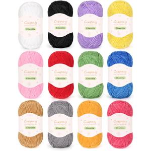 Coopay Skinny Chenille Yarn for Crocheting and Knitting, 12 Pack of 50g/1.76oz - 1764yd Total, Soft Crochet Yarn of Light Weight - Sutible for Colorful Crafts, Blankets, Plush Dolls and Baby Garments