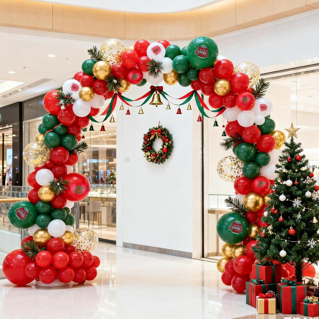 110pcs Ugly Sweater Christmas Balloon Arch Kit, Ugly Sweater Christmas Party Decorations for Happy New Year the Santa Claus Family Party Decor Supplies, Ugly Sweater with Green Red Balloons