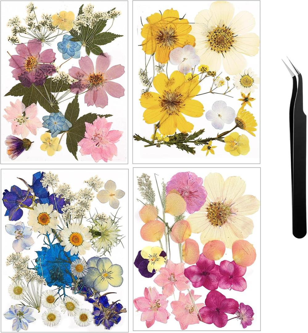 Nuanchu Pressed Flowers Bulk Dried Flower for Crafts, Dried Wildflowers Leave Natural with Tweezer for Resin Mold Scrapbooking Nail Soap Making DIY (Watercolor Style,Romantic Color)