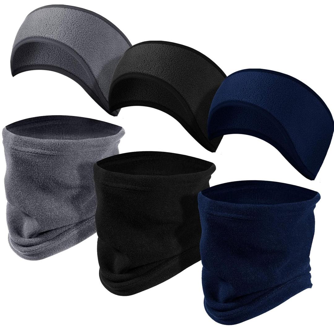 Syhood 6 Pieces Kids Fleece Ear Warmer Headband with Neck Gaiter Set Winter Ear Muff Neck Scarf for Child Cycling Skiing (Black, Gray, Dark Blue)