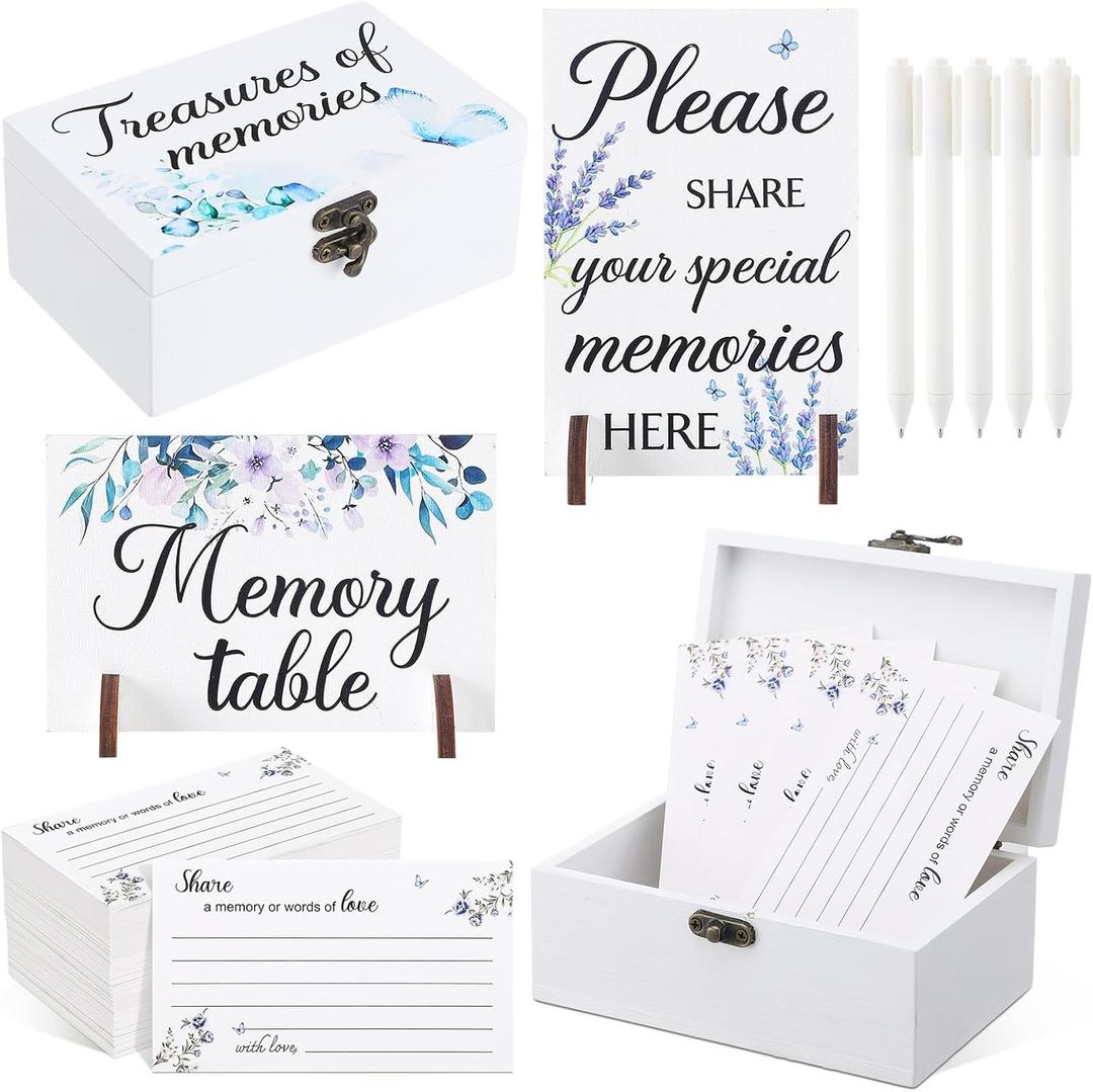 112 Pcs Celebration of Life Memory Cards Set Share a Memory Cards with Box 2 Wood Sign with 4 Hold and 5 Pens, Sympathy Memorial Gifts Funeral Keepsake Decorations (Butterfly)