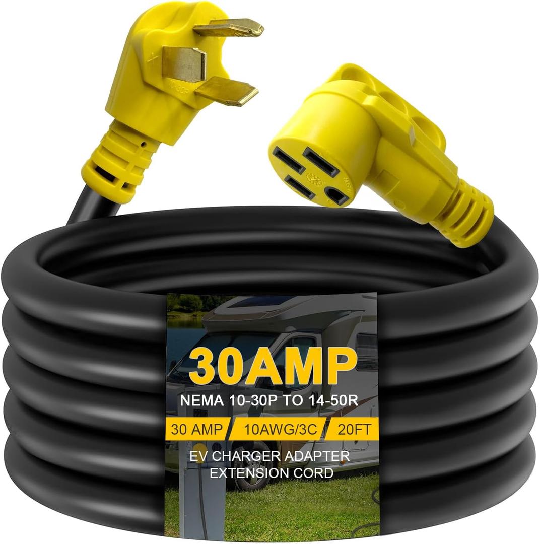 20ft EV Charger Adapter Cord - Compatible NEMA 10-30P to 14-50R, 30 Amp 3 Prong Dryer to 50 Amp 4 Prong EV Charging, Extension Cord with Handle, ETL Listed