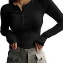 Women's Long Sleeve Tee Shirts Button Down Slim Fitted Basic Henley Tops Fall Ribbed Knit Shirts (Black, M)