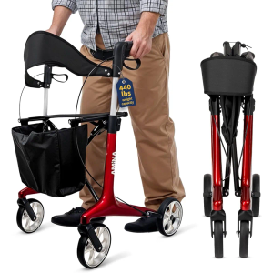 AMiNA Carbon Fiber Rollator Walker with Seat 440 lbs Capacity Red – Foldable Ultra‑Lightweight Rollator Walkers for Seniors with Seat, Hand Brakes and Removable Basket for Compact Routine Mobility