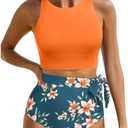 Aqua Eve Women High Waisted Bikini Set Racerback Swimsuit Two Piece Bathing Suit High Neck Swimwear (Medium, Orange Flowers)