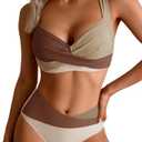 B2prity Bikini Sets for Women Two Piece Swimsuit Mid Rise Color Block Bathing Suit Tie Back Swimwear, XS
