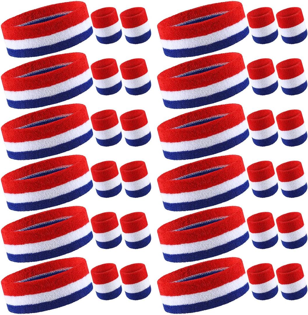 Deekin 12 Sets Bulk Striped Sweatband Set Kids Headband Wristband Set American Flag Style Athletic Gym Wristbands for Men Women Activities Sports Basketball Football Tennis