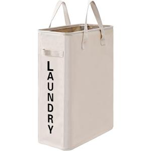 45L Slim Laundry Hamper,Standable Collapsible Slim Laundry Basket,Tall Laundry Hamper Narrow Clothes Hamper for Small Space Beige (Slim 22", Beige/S)