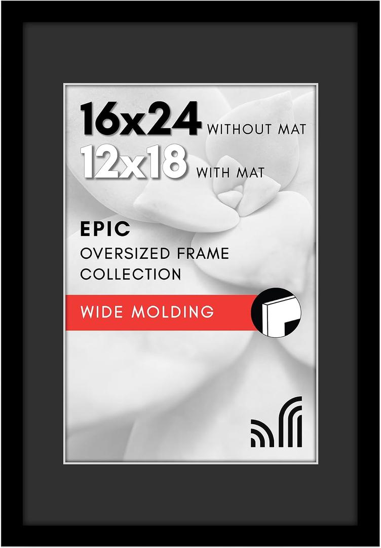 Americanflat 16x24 Poster Frame with Polished Plexiglass - Use as 12x18 Picture Frame with Black Mat and White Trim or Display 16x24 Photo Without Mat - Epic Collection - Black Wide Molding