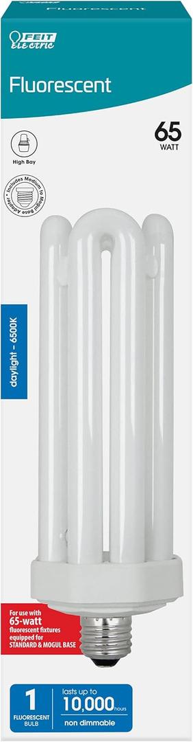Feit Electric CFL Quad Tube Light Bulb, 300W Equivalent, E26 Base with Mogul Base Adapter, 65-Watt CFL Light Bulb for Residential & Commercial Use, 6500K Daylight, 10,000-Hour Lifespan, PLF65/65/G2