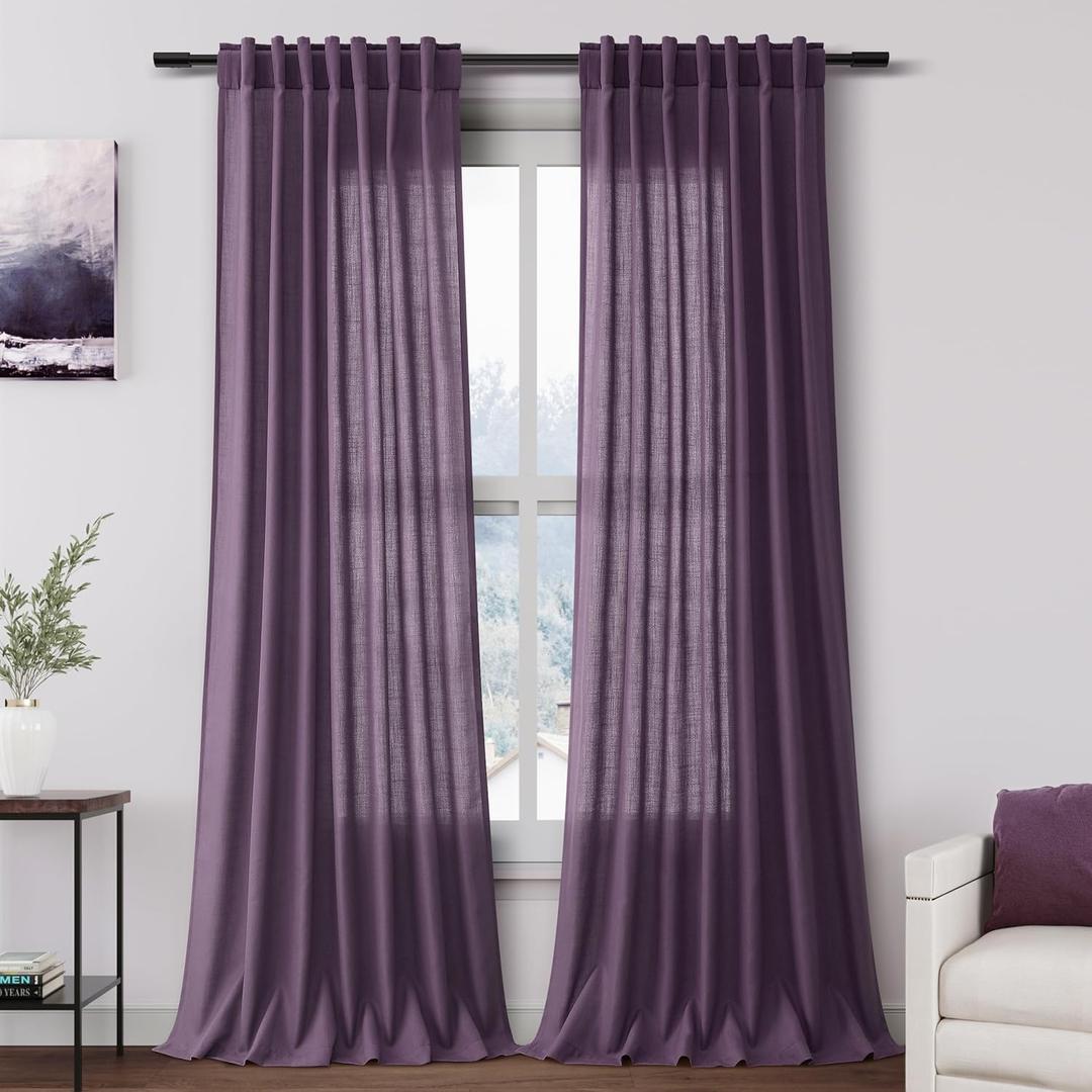 Extra Long Plum Linen Curtains 120 Inch for Living Room 2 Panels Set Rod Pocket Back Tab Linen Window Drapes Semi Sheer Light Filtering Privacy High Ceiling Drapes for Farmhouse 52x120