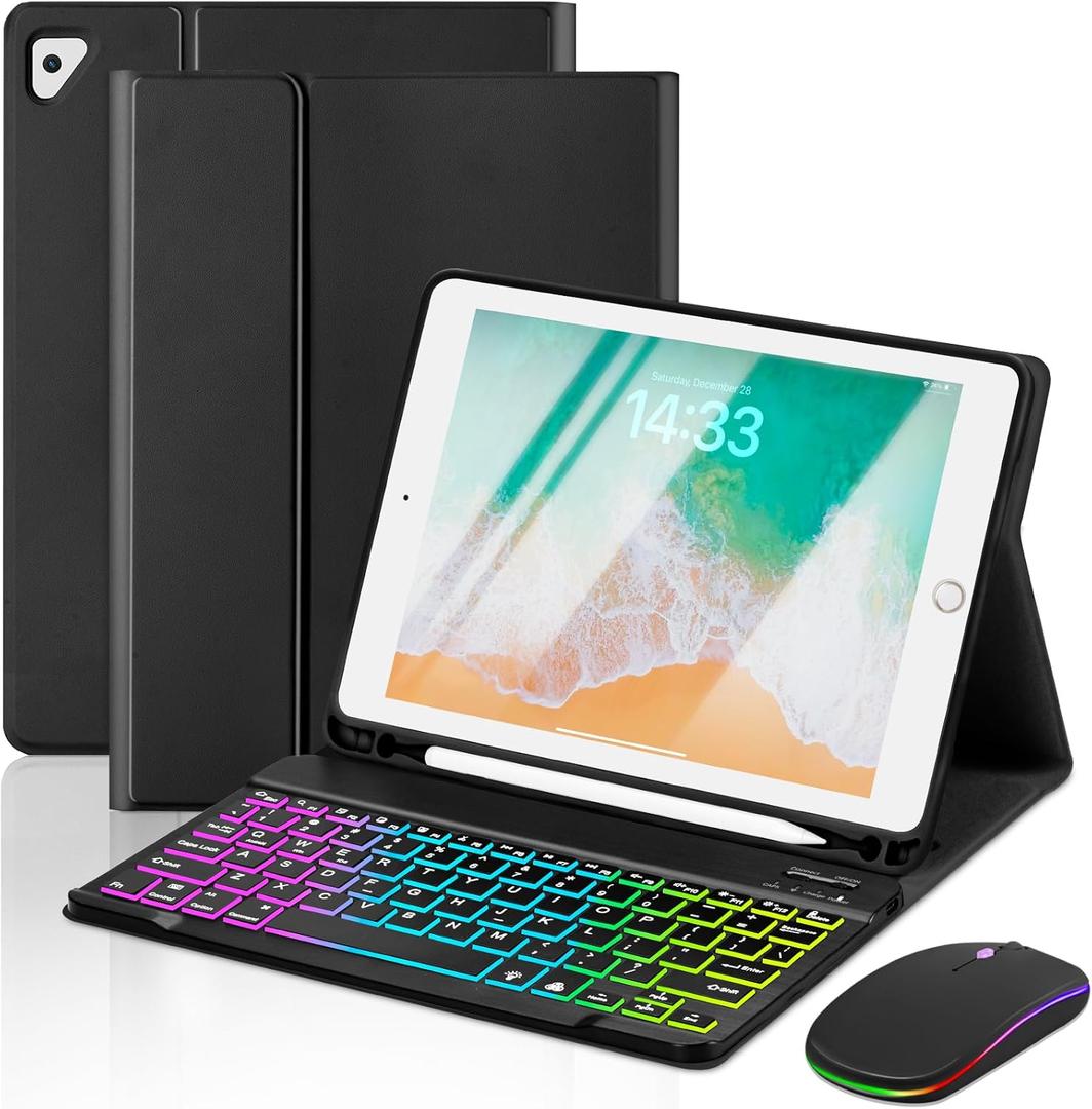 EAMPANG Case with Keyboard and Mouse for iPad 6th/5th Generation Air 1 2 Pro 9.7inch,7 Color Rainbow Backlight Detachable USB-C Keyboard Magnetic Case with Pen Slot for iPad 2018 2017 Black+Mouse