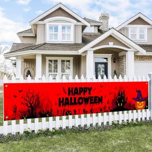 4 x Halloween Decorations Outdoor Yard Banner Haunted Graveyard Scene Happy Halloween Banner Pumpkin Witch Hat Ghost Bat Backdrop 118x20 Inch for Fence Porch Garden Wall Party Decor
