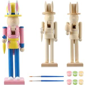 2 Pcs 12" Easter Wooden Nutcracker to Paint Unfinished Nutcracker Bunny Figures Statues Ornaments DIY with Brush Paint for Easter Spring Paintable Gifts Table Desktop Fireplace Decor
