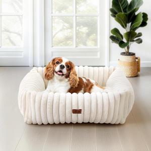 Washable Dog Bed for Small Medium Dogs - Rectangle Orthopedic Corduroy Fleece Pet Bed with Removable Cover and Nonskid Bottom, Calming Puppy Bed Soft Pet Sofa, Cream(25x21x7inchs)