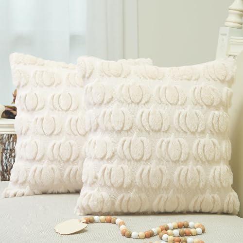 GEEORY Fall Pillow Covers 18 x 18 Inch Set of 2, Fall Decorations Pumpkins Soft Plush Fluffy Faux Fur Wool Decorative Autumn Thanksgiving Farmhouse Cushion Case for Sofa Beige GC002-18