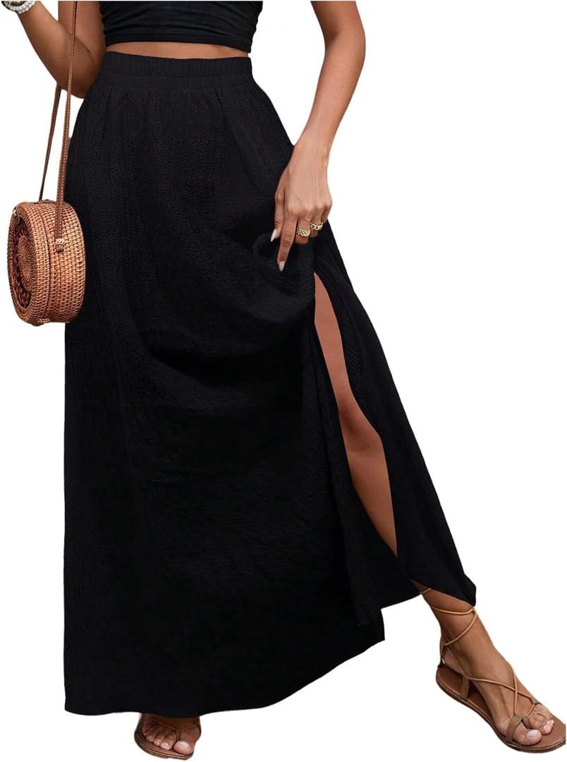 GORGLITTER Women's Boho Flowy A Line Maxi Skirt Summer Beach Trendy Vacation Slit High Waisted Split Long Skirts (Medium)