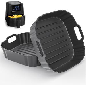 6.2-Inch Small Mini Square Silicone Air Fryer Liners 2 Pack for Chefman Mini, DASH, COSORI, COMFEE, Instant, DEIME for 2qt 2.1qt 2.6qt 3qt Reusable Basket Trays, Airfryer Accessories (Black)