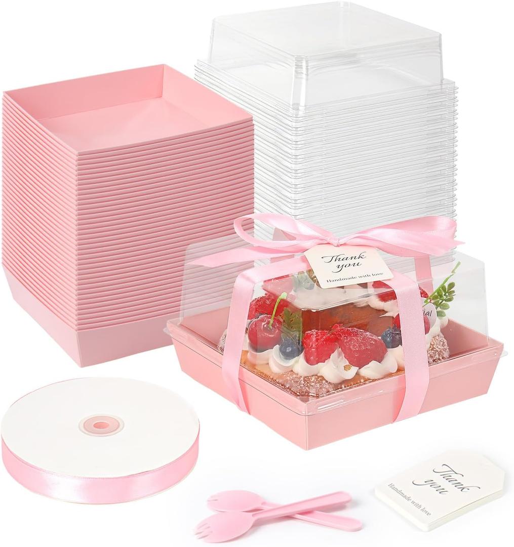 7 x 7 x 4 Inches Paper Cake Boxes with Clear Lids, 50 Pack Pink Large Charcuterie Square Food Containers, Mother's Day Disposable Bakery Boxes for 4-6 Inch Bundt Cake, Pie, Dessert