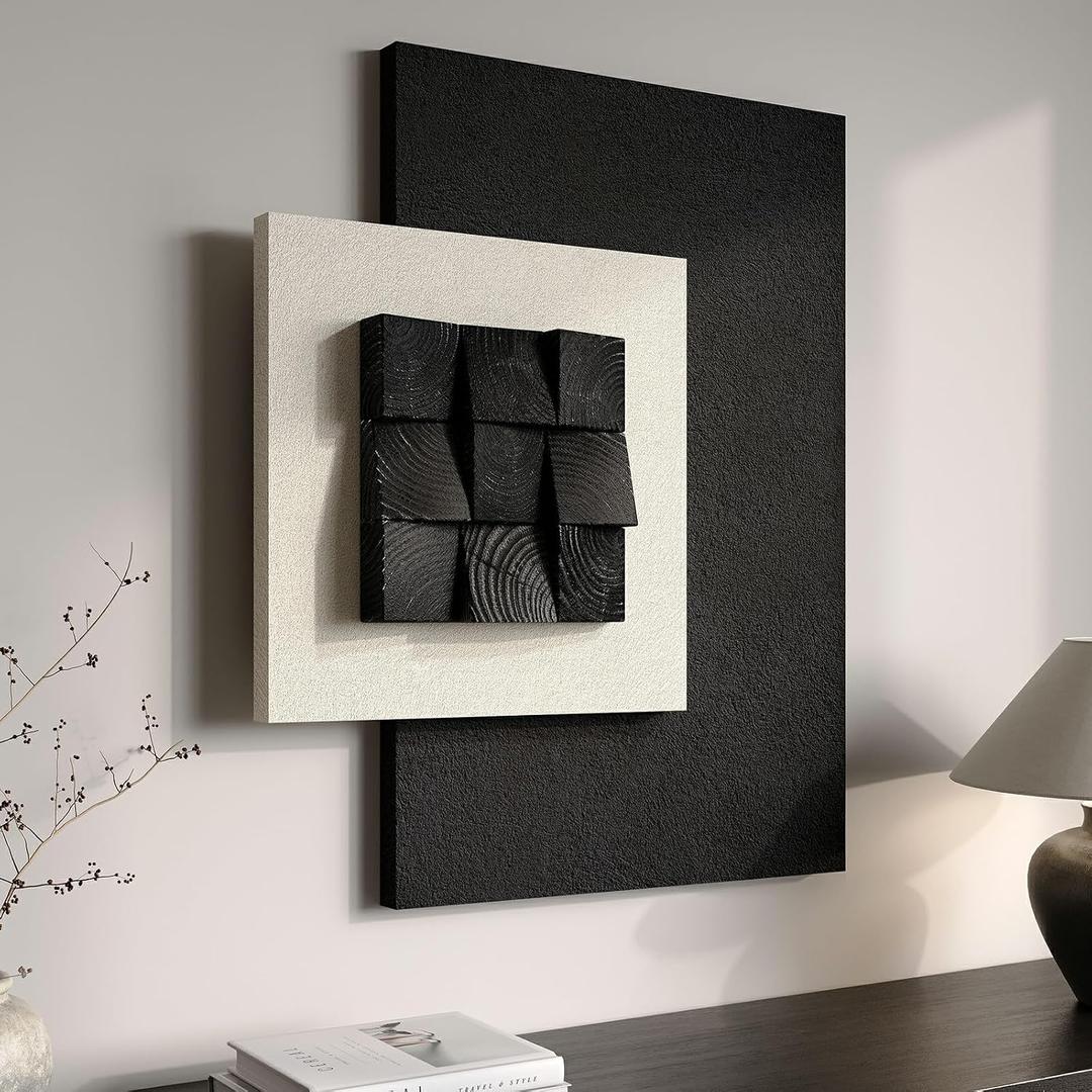Large 3D Wood Textured Wall Art Decor, Black and White Modern Abstract Wooden Paintings Artwork for Walls, Minimalist Wall Decor for Living Room Hallway Dining Room Bedroom, Total Size 30x36 Inch