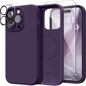 GONEZ for iPhone 14 Pro Case, Compatible with Magsafe, with Screen Protector + Camera Lens Protector, Soft Anti-Scratch Microfiber Lining, Shockproof Liquid Silicone Phone Cover, Deep Purple