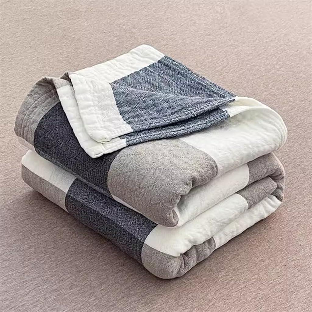 100% Cotton Cooling Blanket Geometric Plaid Pattern Summer Blanket, Modern Lightweight Breathable Portable Soft Thermal Blanket for Hot Sleepers, for Bed, Couch and Sofa(Blue,200X230CM)