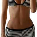 MakeMeChic Women's Striped Bikini Set Halter Triangle Tie Backless String Swimsuit with Boyshorts Black and White Large
