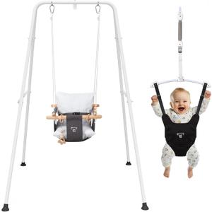 2-in-1 Baby Jumper & Swing - Foldable Stand, Stable Toddler Swing Set for Indoor & Outdoor Use (Black)
