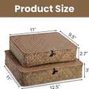 Elsjoy 2 Pack Flat Seagrass Storage Bins with Lid, Wicker Woven Storage Basket Set, Rattan Organizer Bins for Shelf, Closet, Bedroom
