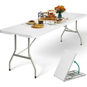 YITAHOME 8FT Folding Tables, Heavy Duty Folding Table with Carrying Handle, Plastic Fold up Table for Outdoor Camping Picnic Parties/Indoor Events, White