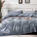 JELLYMONI Cotton Duvet Cover Full Size - Blue Vertical Pinstriped Comforter Cover with Button 100% Washed Cotton 3PCS Breathable Soft Solid Bedding Set Duvet Cover 8090in & 2 Pillowcases