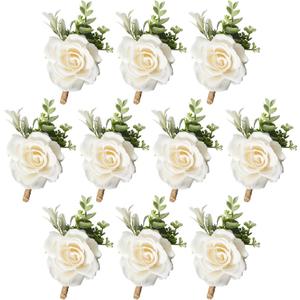 Ivory Rose Boutonniere for Men Wedding Set of 10 Groom Groomsmen Best Man Artificial Flowers Boutonniere for Wedding Ceremony Anniversary Prom Flowers Formal Dinner Party (10, White, Middle)