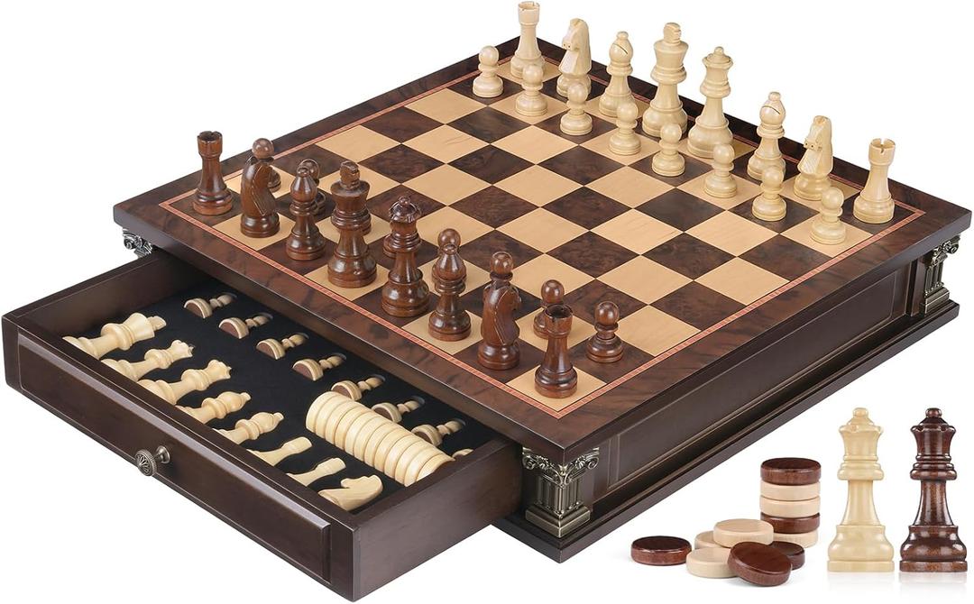 Peradix Magnetic Chess Set with 2 Built-in Storage Drawers, 15'' Wooden Strategy Board Games, 2 Extra Queens, Luxury Magnet Chess Game for Adults, Kids and Family Game Night, Gift Package