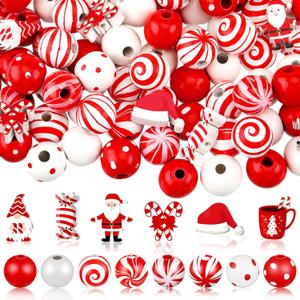 200 Pcs Christmas Wood Beads Santa Claus Winter Red and White Wooden Beads Candy Cane Round Loose Spacer Farmhouse Craft Beads for DIY Bracelet Necklace Earring Jewelry Making Home Decor