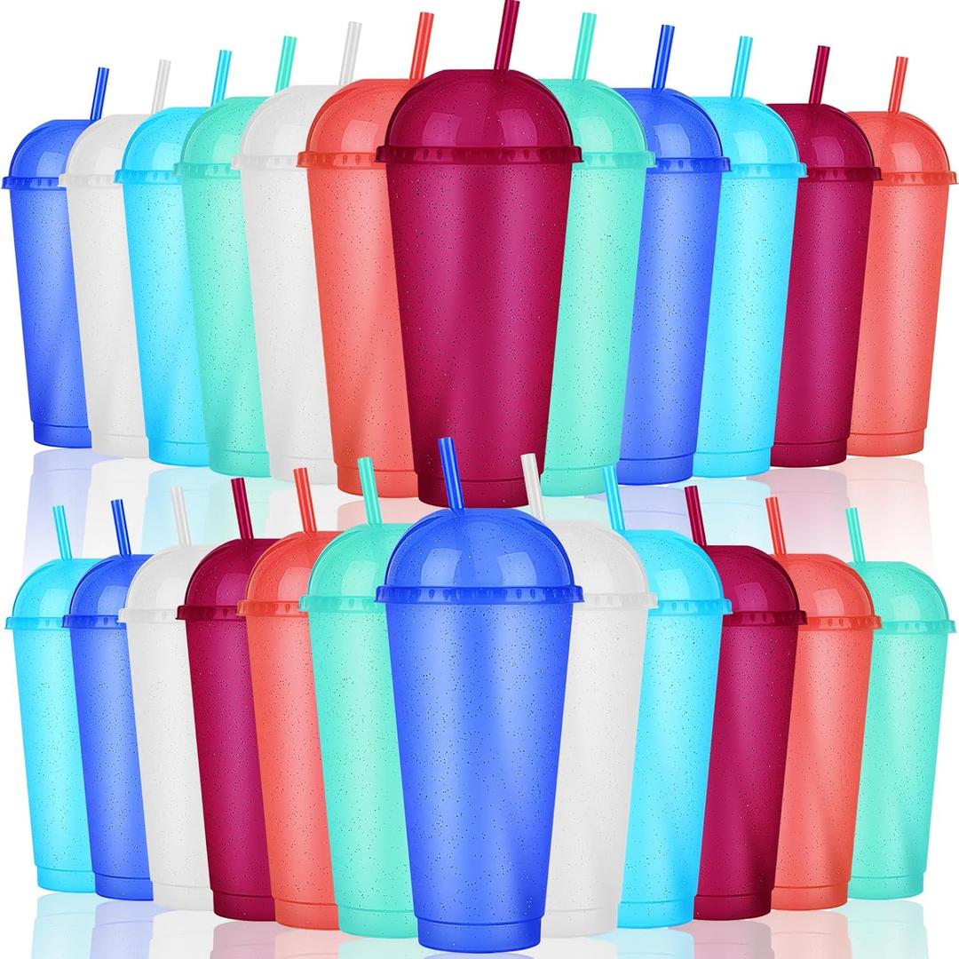 Hsei Reusable Glitter Tumbler Cups with Dome Lids and Straws 24 oz Plastic Tumbler Iced Coffee Cup Mug for Travel Birthdays Party Supplies(Cute Color, 24 Pack)