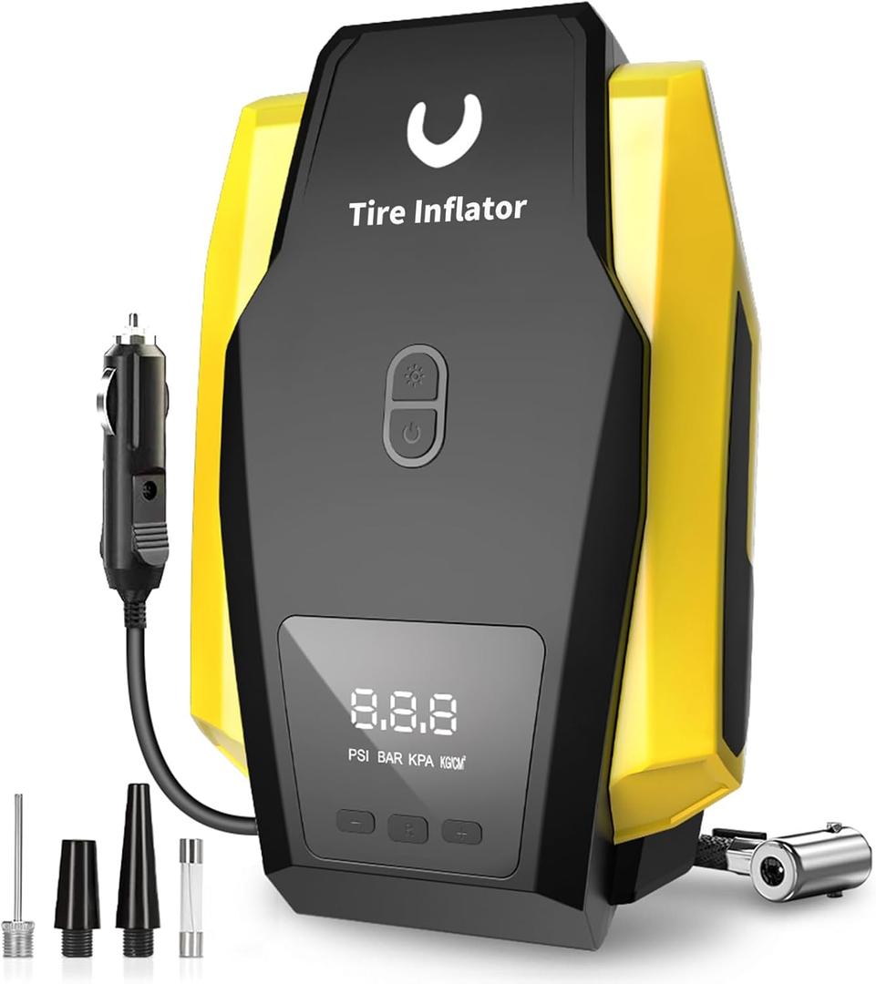 Tire Inflator Portable Air Compressor - Air Pump for Car Tires - 12V DC Tire Pump with Auto Shutoff Function & LED Light for Cars, Bicycles, Motorcycles, Yellow, Large Tire Inflator Portable Air Compressor - Air Pump for Car Tires - 12V DC Tire Pump with Auto Shutoff Function & LED Light for Cars, Bicycles, Motorcycles, Yellow, Large